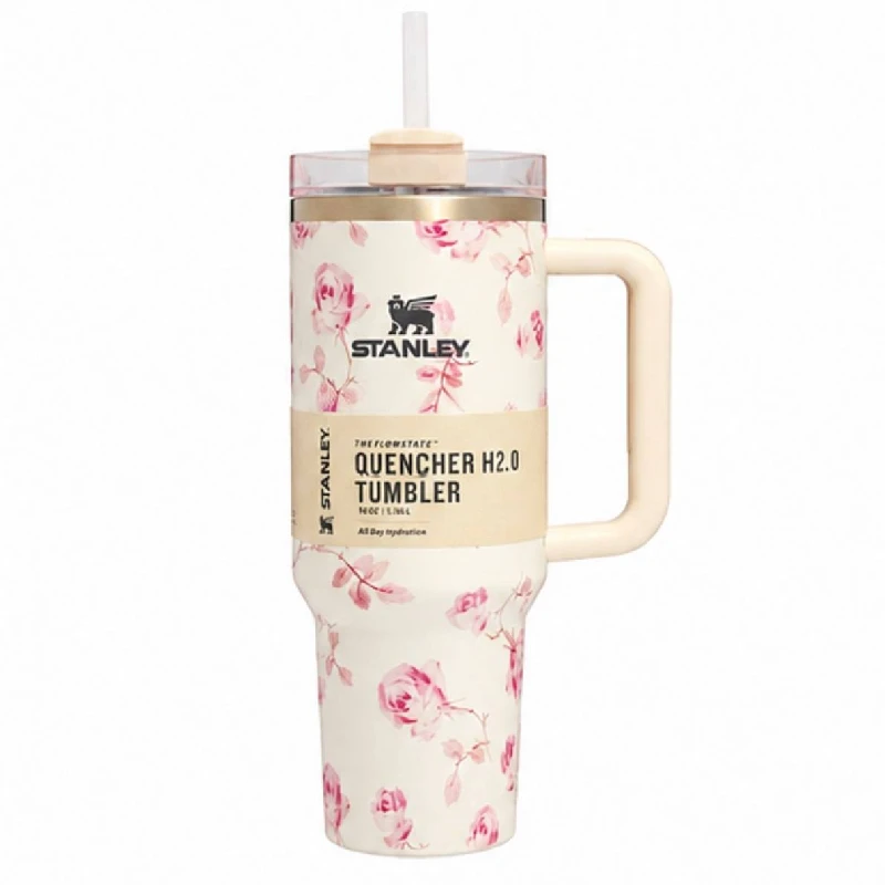 تراول ماگ استنلی Stanley مدل tumbler طرح سفید با رز صورتی White with a pink rose دگنجایش 1180 میلی لیتر